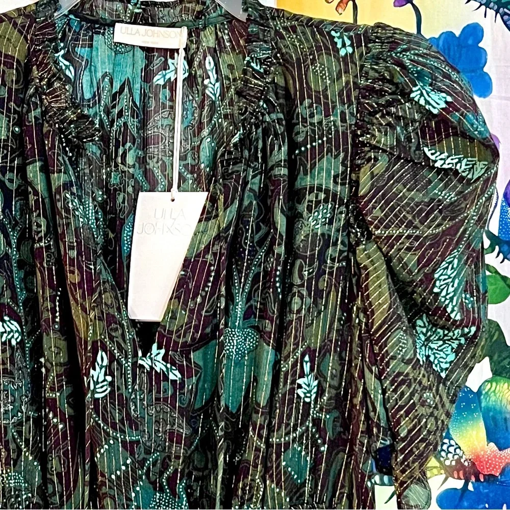 🌺🎉HP🎉🌺 NWT Ulla Johnson Ada Chiffon Mini Dress Rainforest - Picture 12 of 16